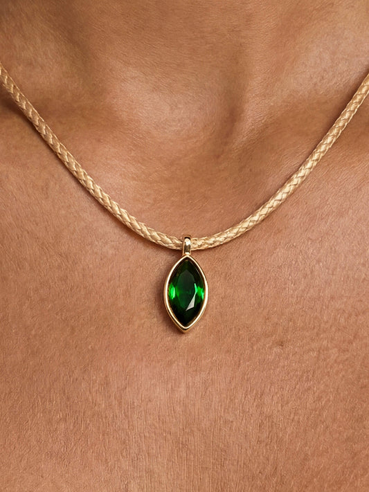 Marquise Emerald Cord Necklace - Tan Cord with Emerald Crystal | Ettika