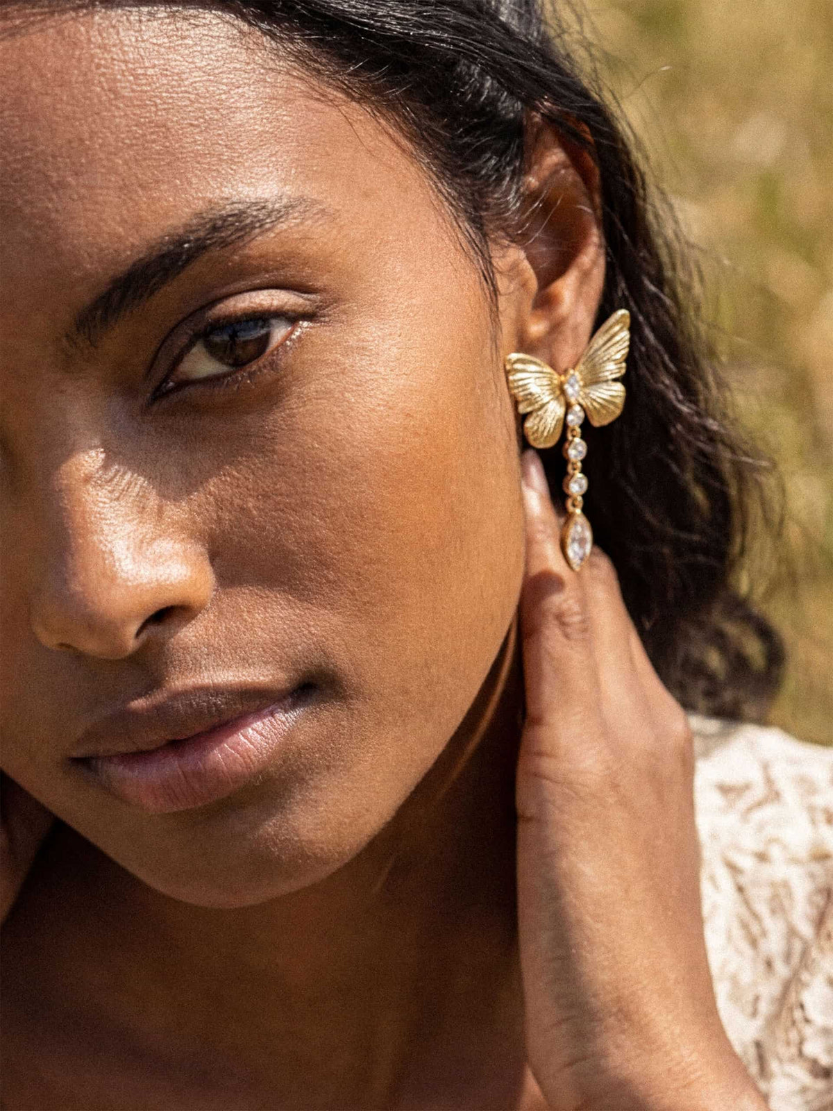 Butterfly Dangle Earrings - Clear Crystal with 18k Gold Plating | Ettika