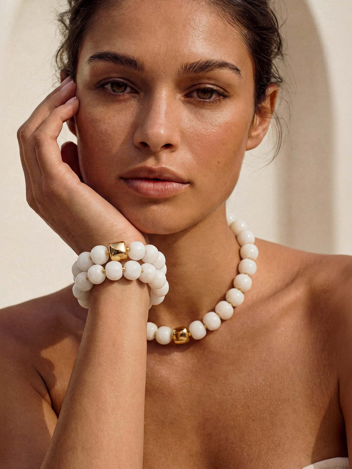 Power Bead Bracelet Stack in Bone - Bone Stone with 18k Gold Plating | Ettika