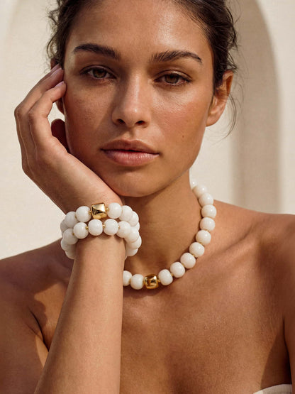 Power Bead Bracelet Stack in Bone - Bone Stone with 18k Gold Plating | Ettika
