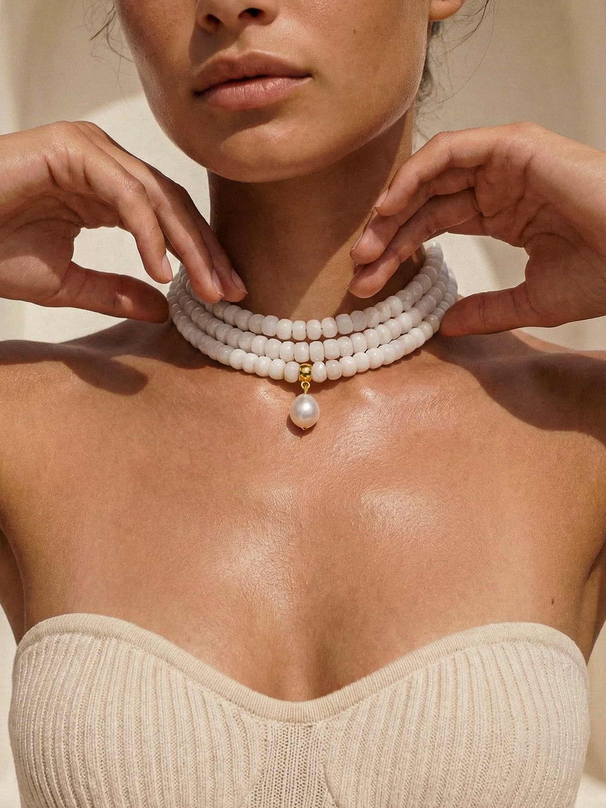 Marina Layers White Quartz Necklace - Bone Stone with 18k Gold Plating | Ettika