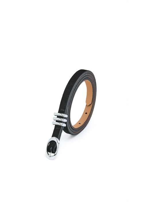 Skinny Belt in Black - Carbon Black Leather with Silver Hardware | Ettika