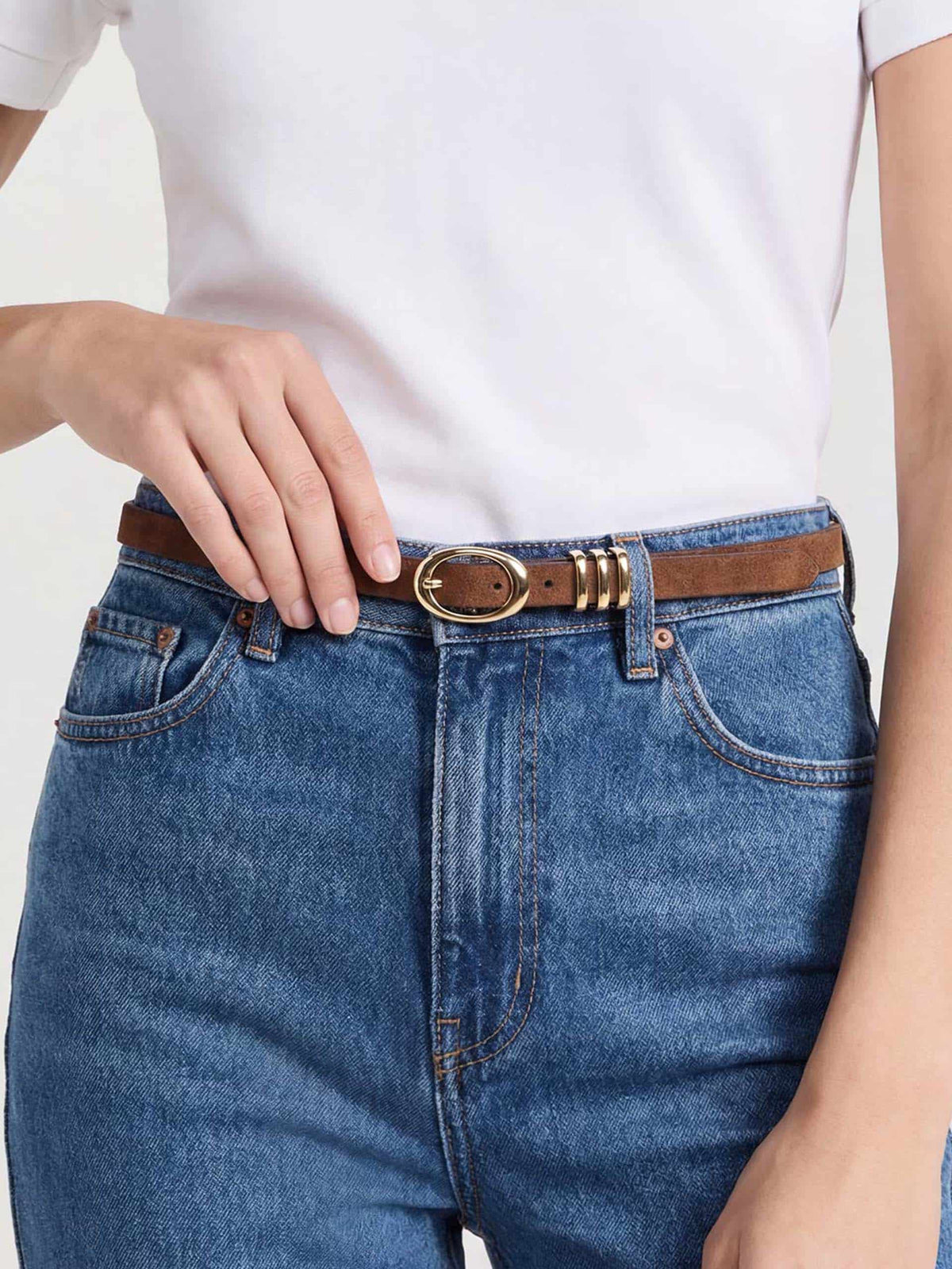Classic Skinny Belt in Mocha - Mocha Suede with Gold Hardware | Ettika