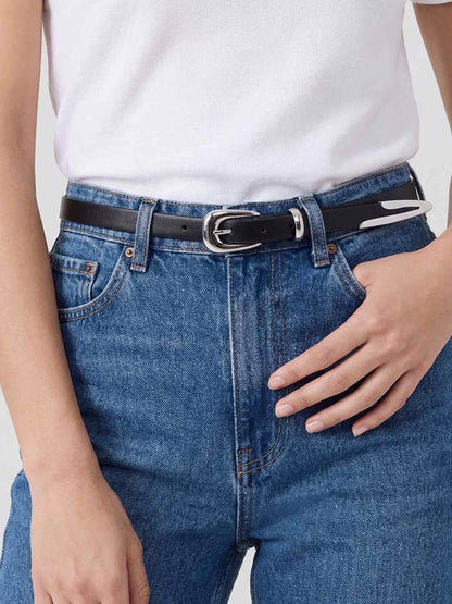 Modern Saddle Belt in Black and Silver - Carbon Black Leather with Silver Hardware | Ettika