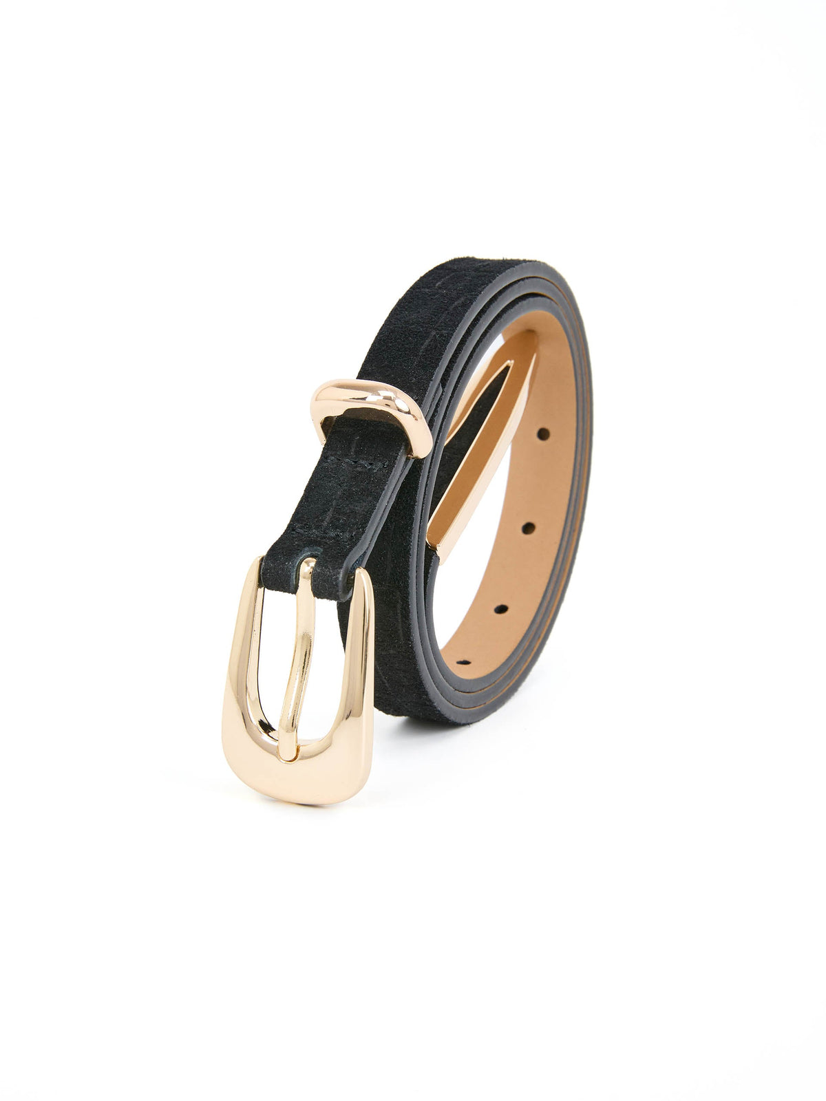 Modern Saddle Belt in Black Croc - Black Embossed Croc with Gold Hardware | Ettika