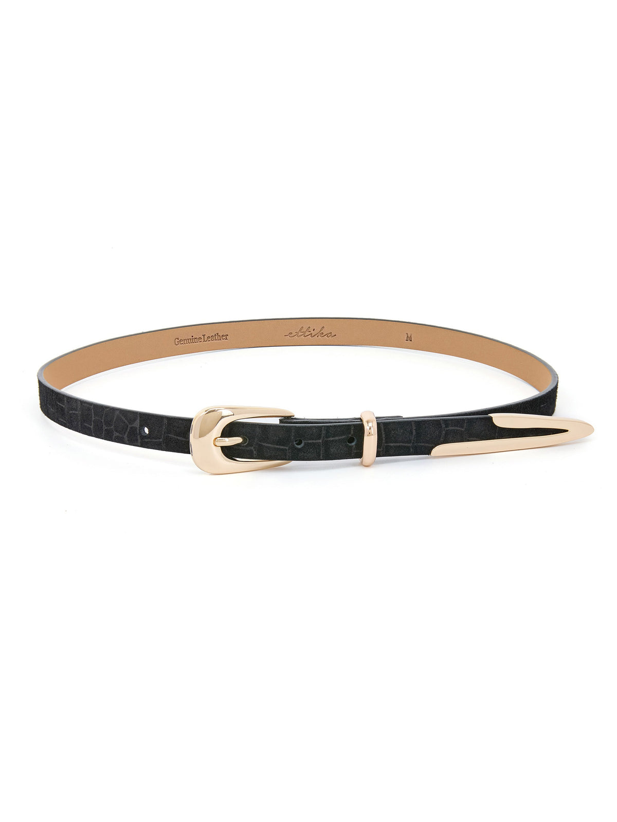 Modern Saddle Belt in Black Croc - Black Embossed Croc with Gold Hardware | Ettika