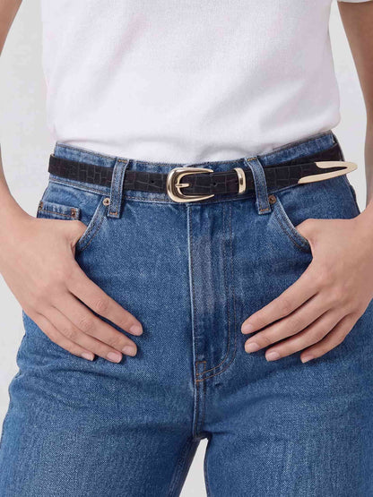 Modern Saddle Belt in Black Croc - Black Embossed Croc with Gold Hardware | Ettika