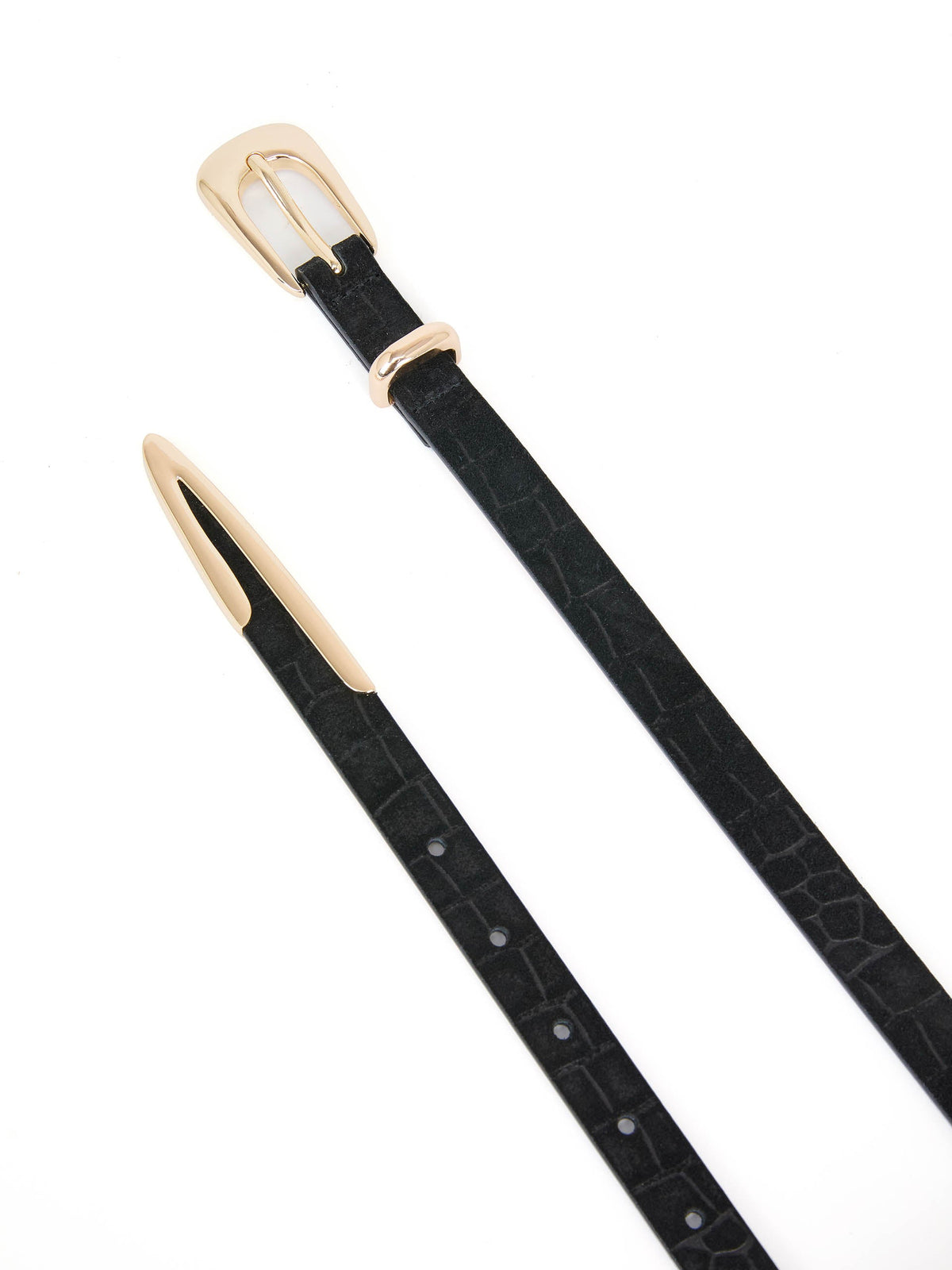 Modern Saddle Belt in Black Croc - Black Embossed Croc with Gold Hardware | Ettika