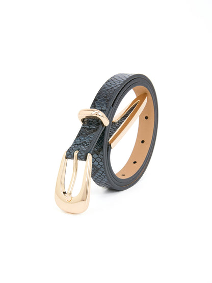 Modern Saddle Belt in Grey Snake - Dark Grey Snake Leather with Gold Hardware | Ettika