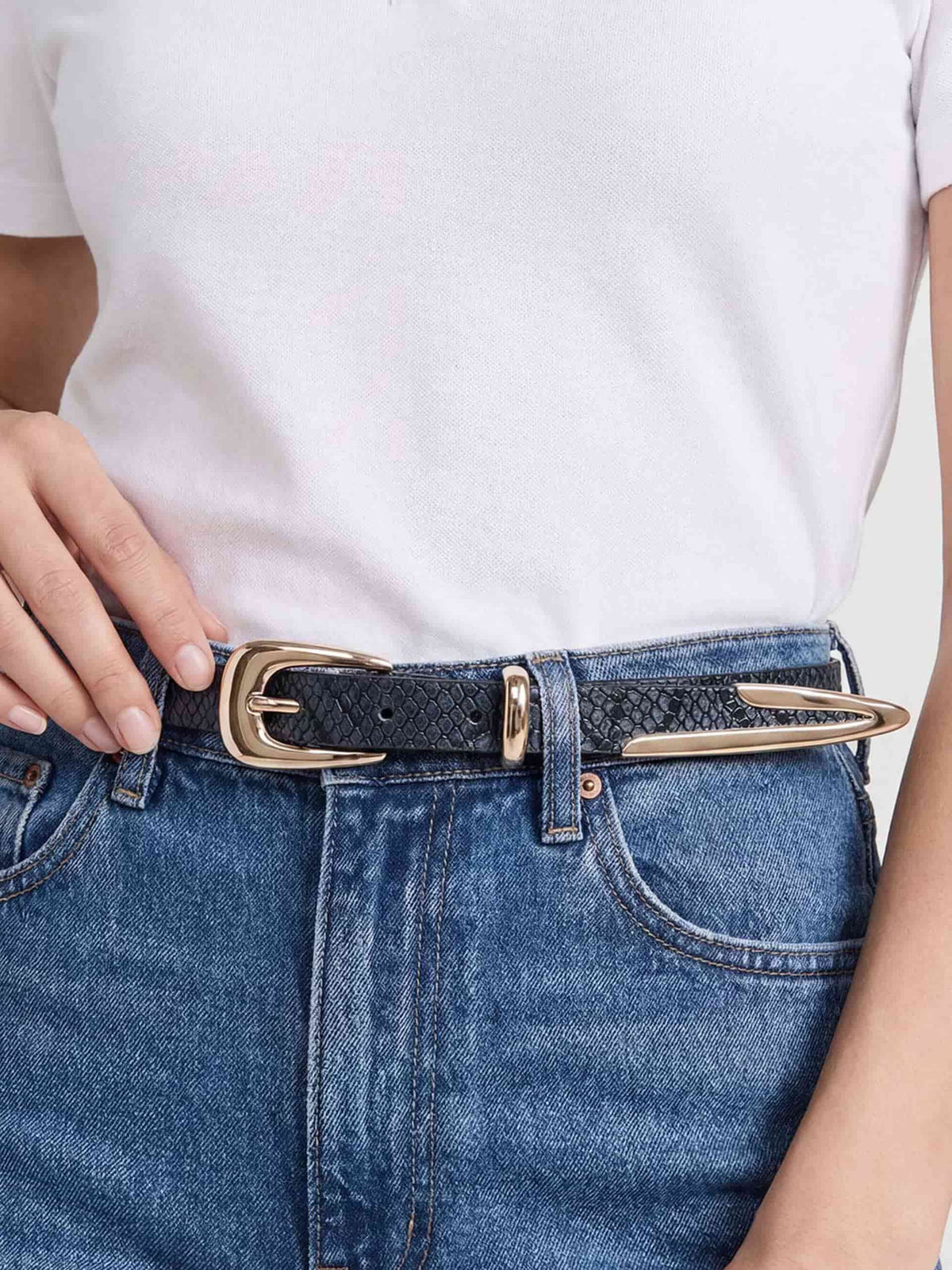 Modern Saddle Belt in Grey Snake - Dark Grey Snake Leather with Gold Hardware | Ettika
