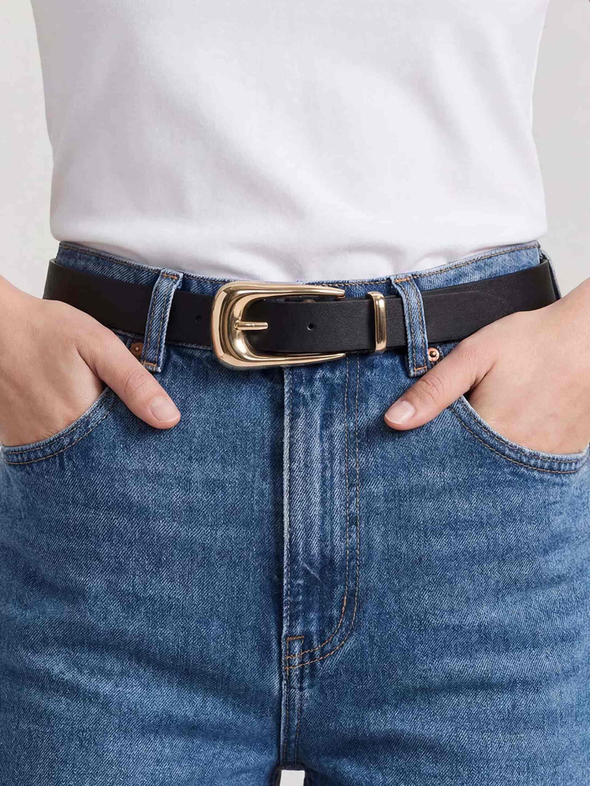 Large Signature Buckle Belt - Black Leather with Gold | Ettika