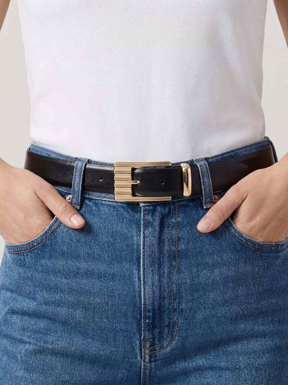 Engraved Rectangle Buckle Belt - Carbon Split Leather with Gold | Ettika