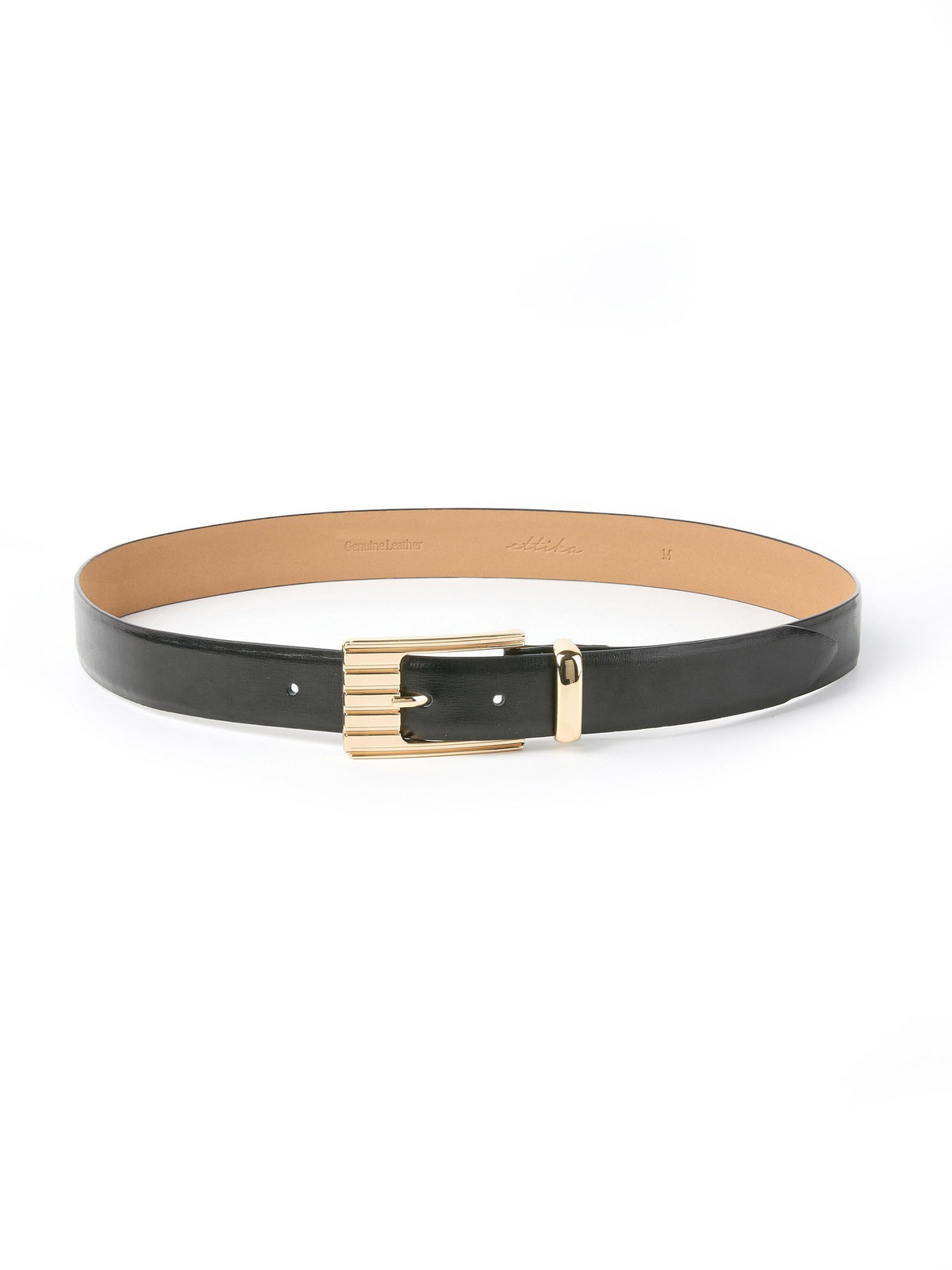 Engraved Rectangle Buckle Belt - Carbon Split Leather with Gold | Ettika