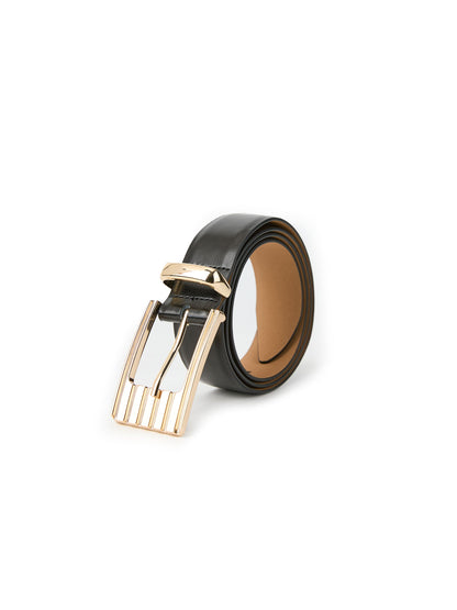 Engraved Rectangle Buckle Belt - Carbon Split Leather with Gold | Ettika