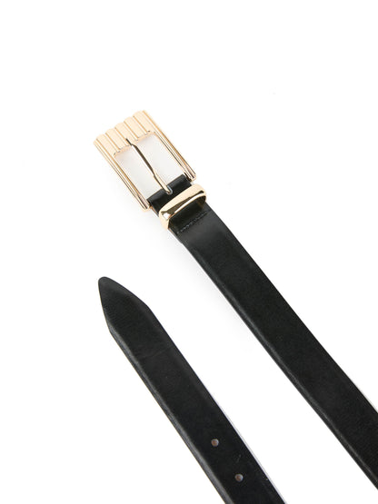 Engraved Rectangle Buckle Belt - Carbon Split Leather with Gold | Ettika