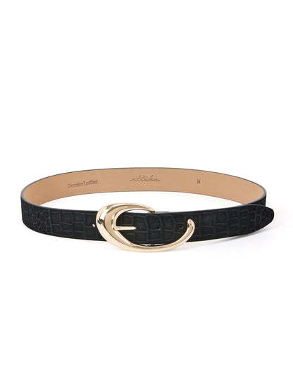 Black Croc Print Belt - Black Embossed Croc with Gold Hardware | Ettika
