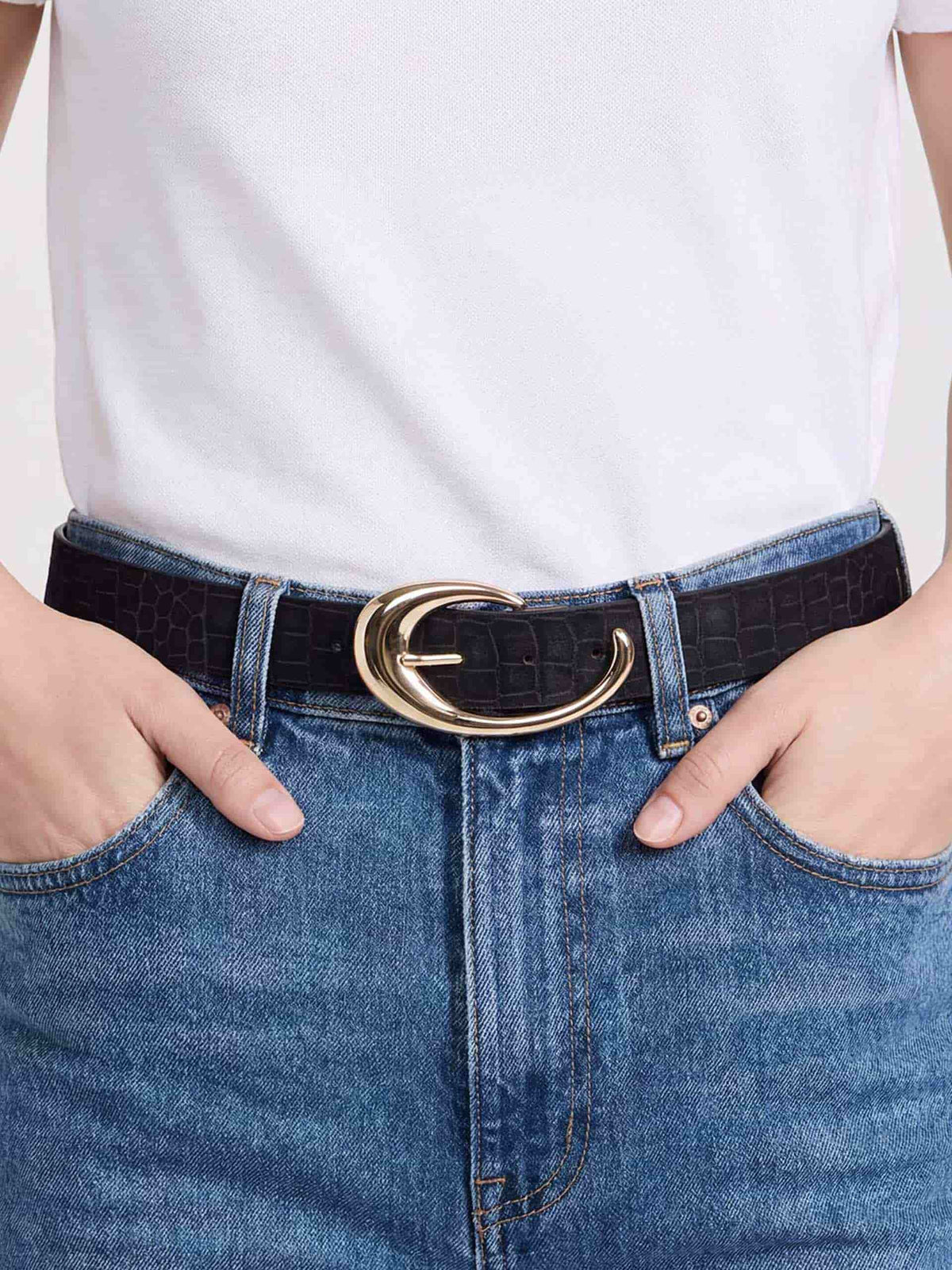 Black Croc Print Belt - Black Embossed Croc with Gold Hardware | Ettika