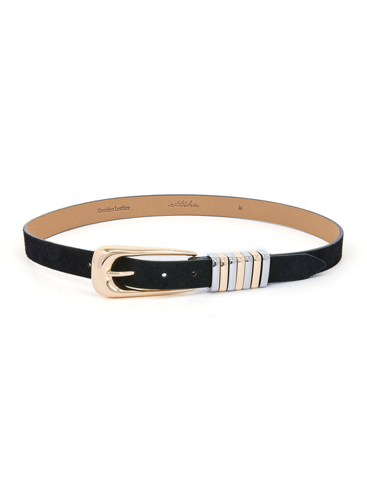 Metal Core Suede Belt - Black Suede Leather with Gold | Ettika