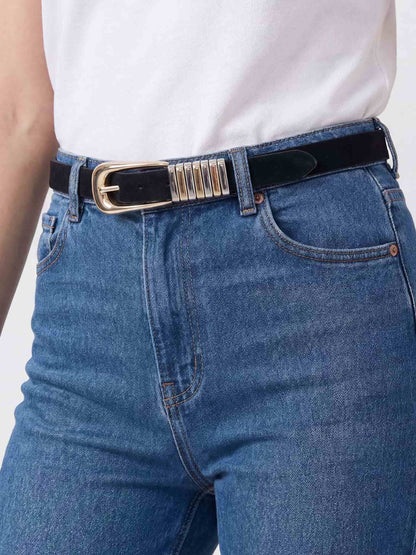 Metal Core Suede Belt - Black Suede Leather with Gold | Ettika