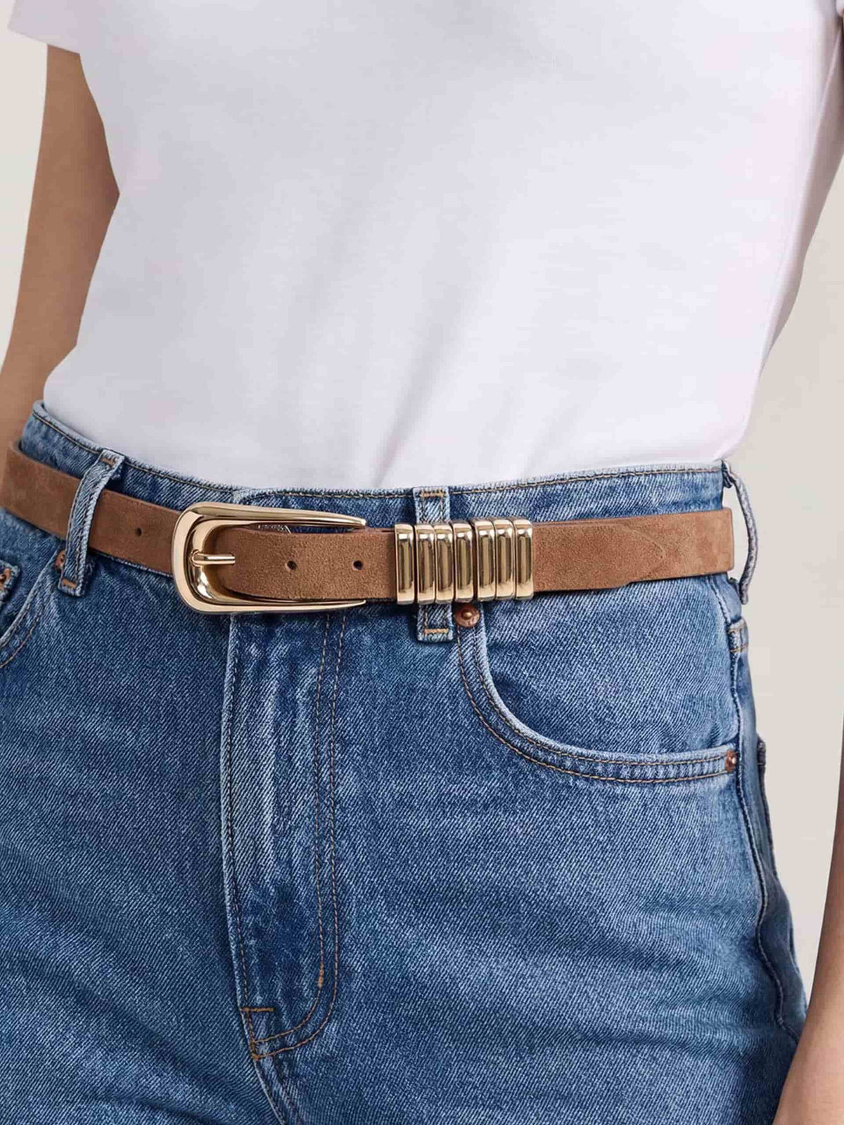 Metal Core Belt in Mocha Suede - Mocha Suede with Gold Hardware | Ettika