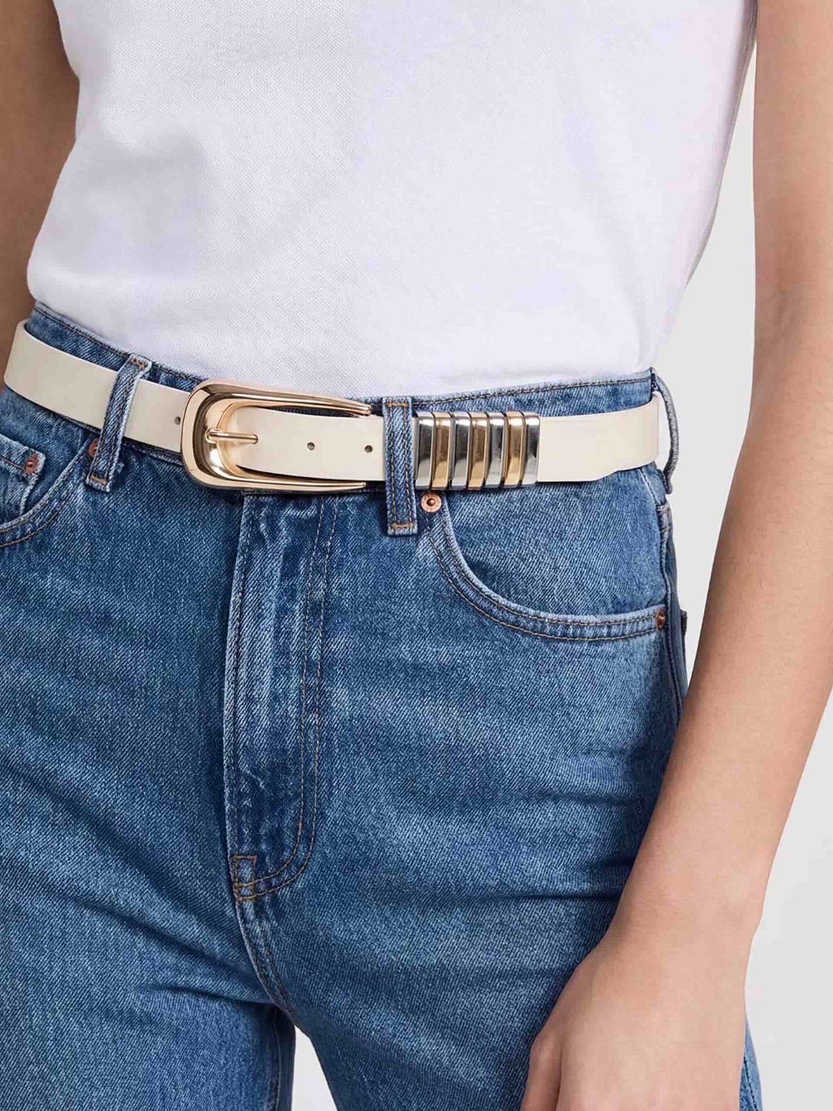 Metal Core Belt in Vanilla Nappa Leather - Vanilla Leather with Mixed Metal Hardware | Ettika