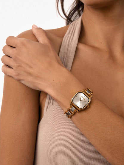 Classic Square Mixed Metal Bracelet Watch - Bone Dial with Mixed Metal | Ettika