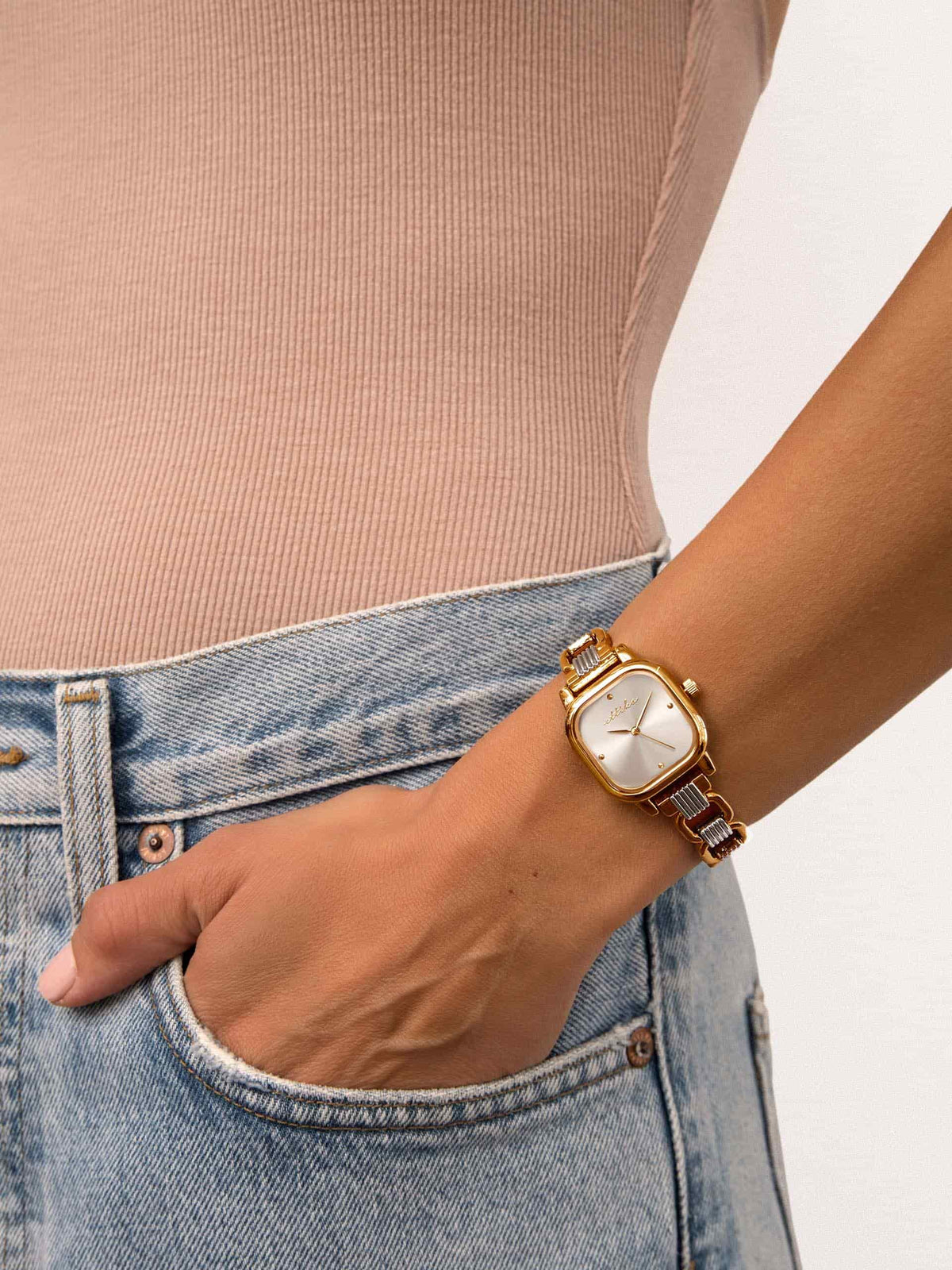 Classic Square Mixed Metal Bracelet Watch - Bone Dial with Mixed Metal | Ettika