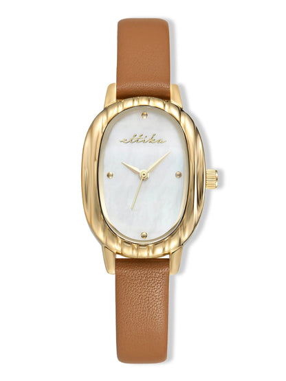 Timeless Texture Cognac Leather Watch - Mother of Pearl Dial with Cognac Leather and Gold | Ettika