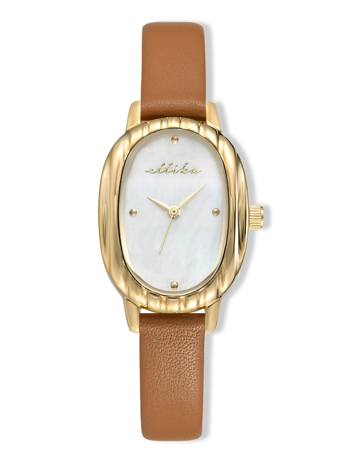 Timeless Texture Cognac Leather Watch - Mother of Pearl Dial with Cognac Leather and Gold | Ettika