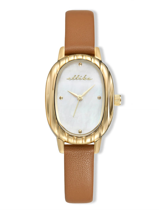 Timeless Texture Cognac Leather Watch - Mother of Pearl Dial with Cognac Leather and Gold | Ettika