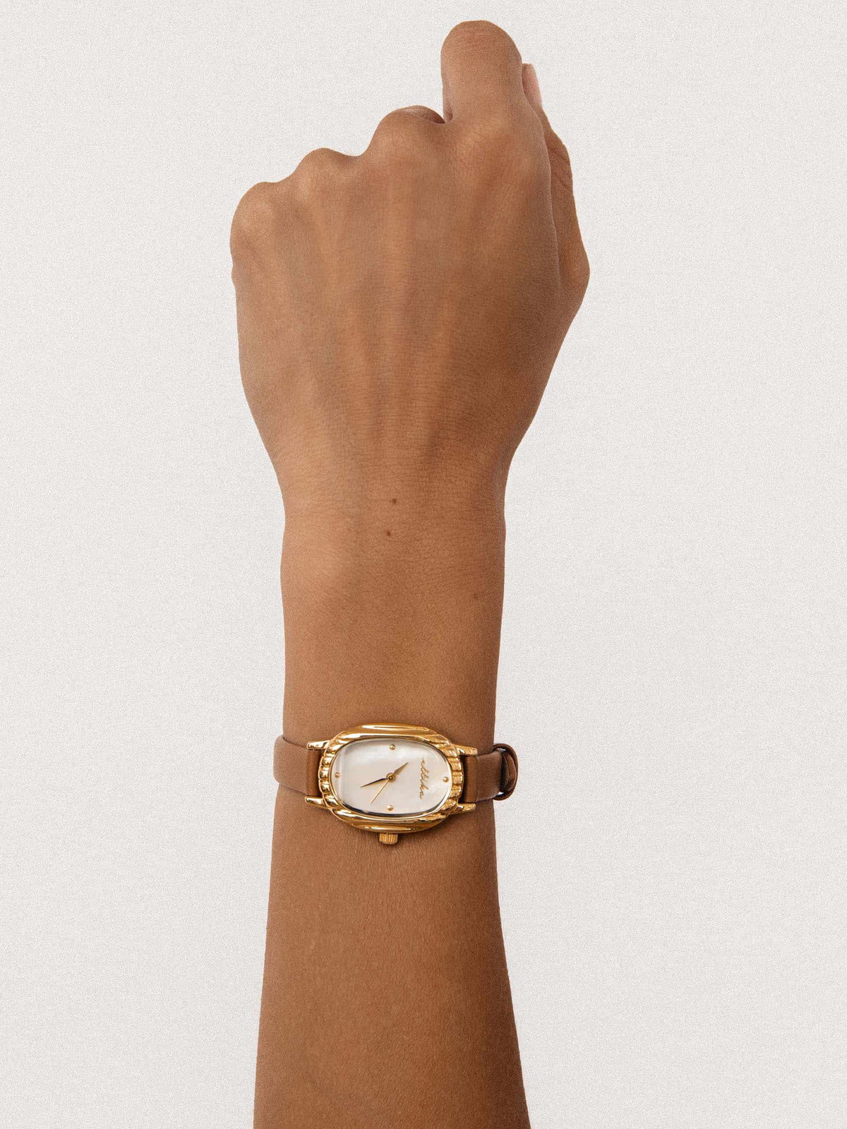 Timeless Texture Cognac Leather Watch - Mother of Pearl Dial with Cognac Leather and Gold | Ettika