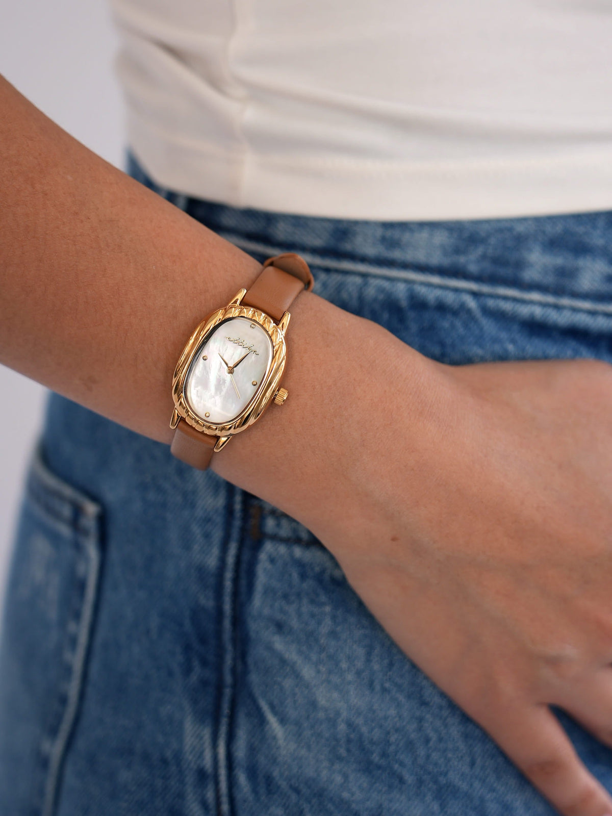 Timeless Texture Cognac Leather Watch - Mother of Pearl Dial with Cognac Leather and Gold | Ettika