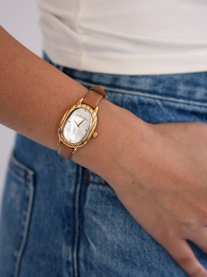 Timeless Texture Cognac Leather Watch - Mother of Pearl Dial with Cognac Leather and Gold | Ettika