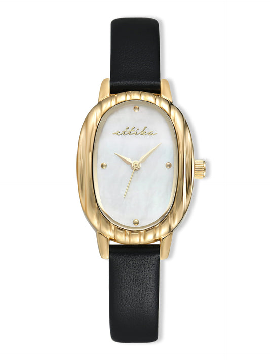 Timeless Texture Black Leather Watch - Mother of Pearl Dial with Black Leather and Gold | Ettika