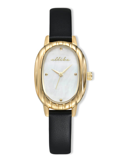 Timeless Texture Black Leather Watch - Mother of Pearl Dial with Black Leather and Gold | Ettika