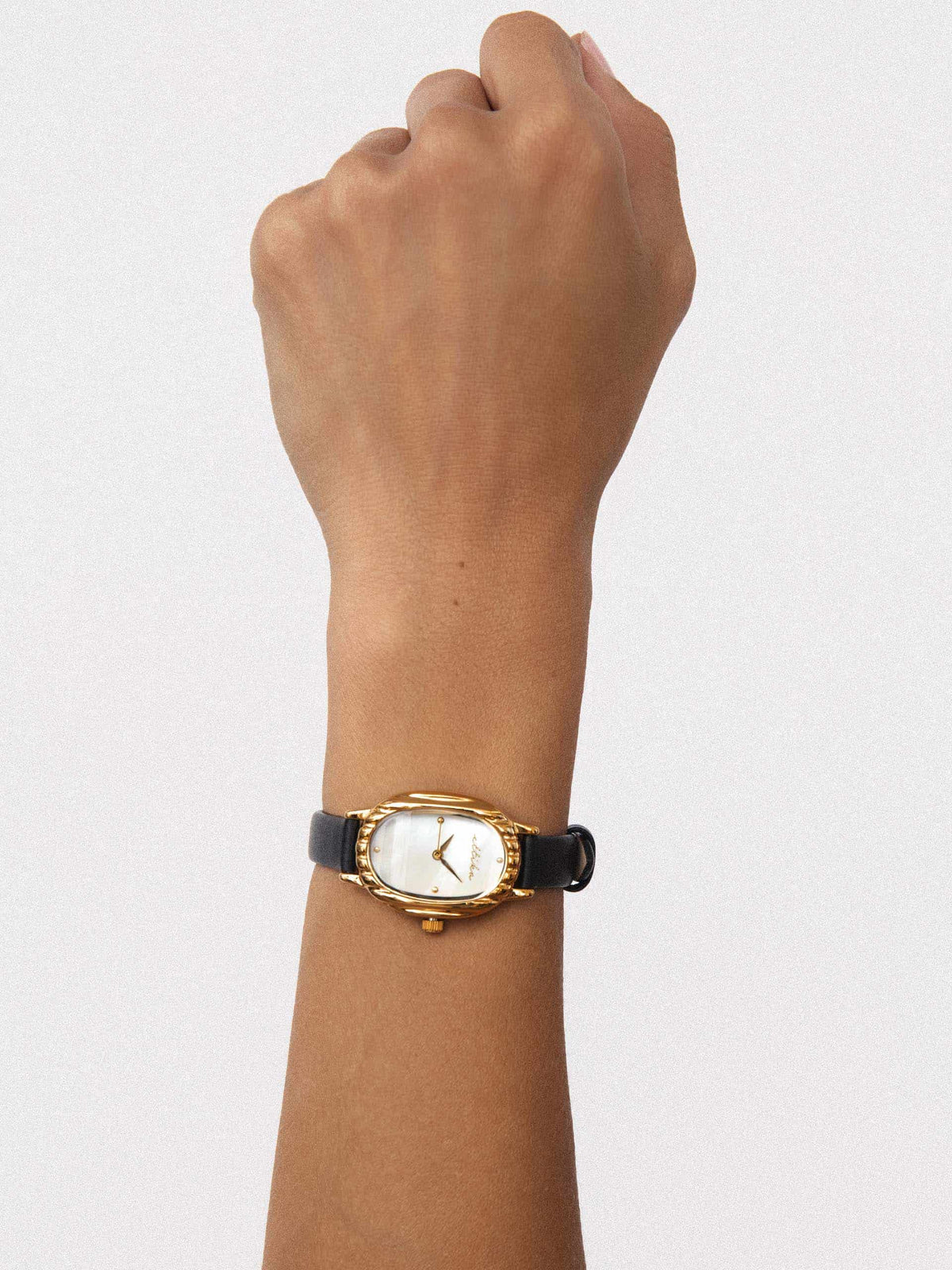 Timeless Texture Black Leather Watch - Mother of Pearl Dial with Black Leather and Gold | Ettika