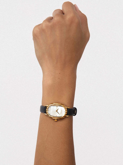 Timeless Texture Black Leather Watch - Mother of Pearl Dial with Black Leather and Gold | Ettika