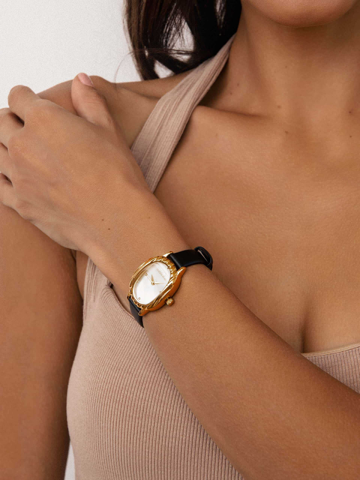 Timeless Texture Black Leather Watch - Mother of Pearl Dial with Black Leather and Gold | Ettika