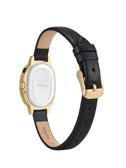 Timeless Texture Black Leather Watch - Mother of Pearl Dial with Black Leather and Gold | Ettika