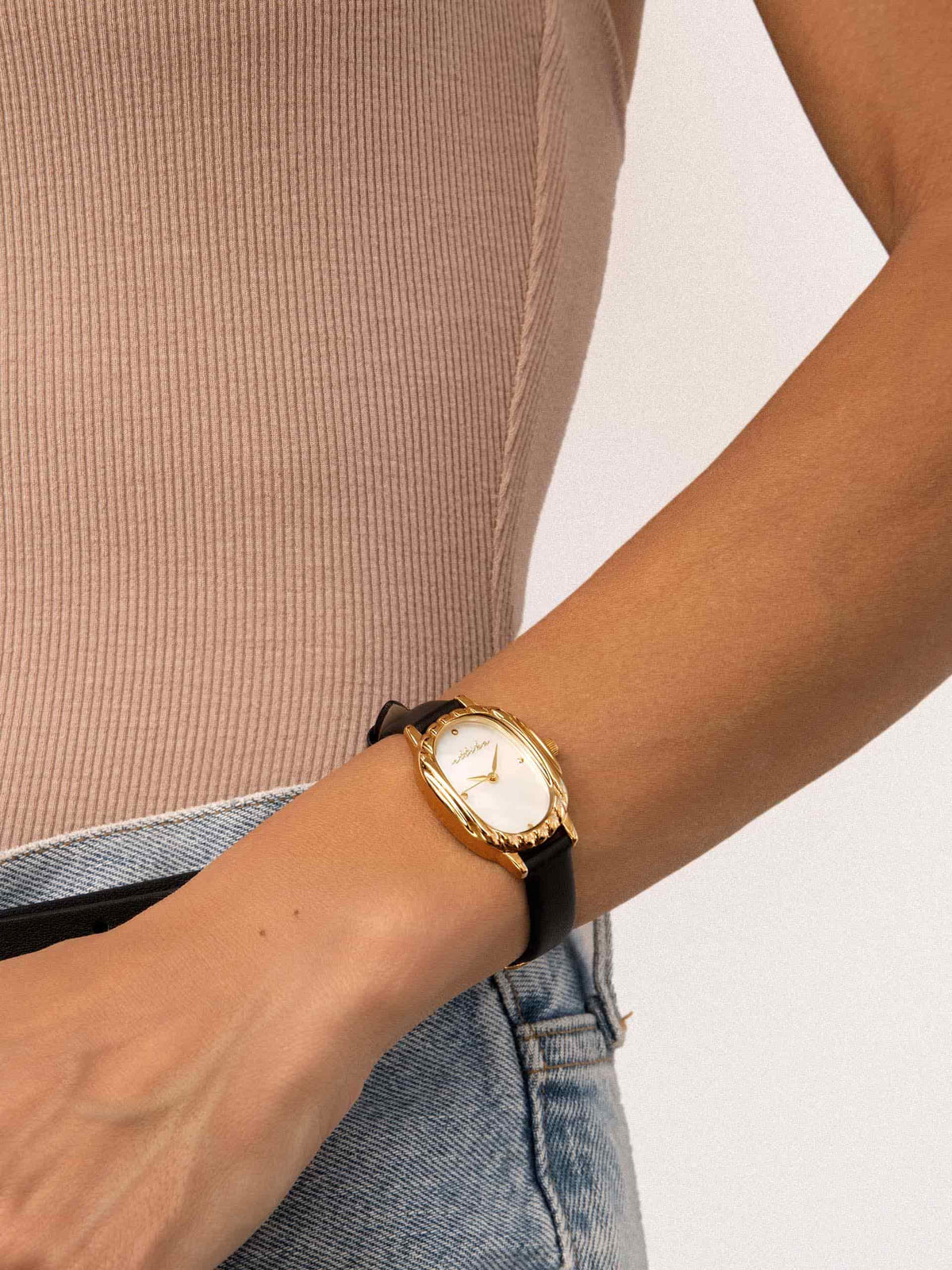 Timeless Texture Black Leather Watch - Mother of Pearl Dial with Black Leather and Gold | Ettika