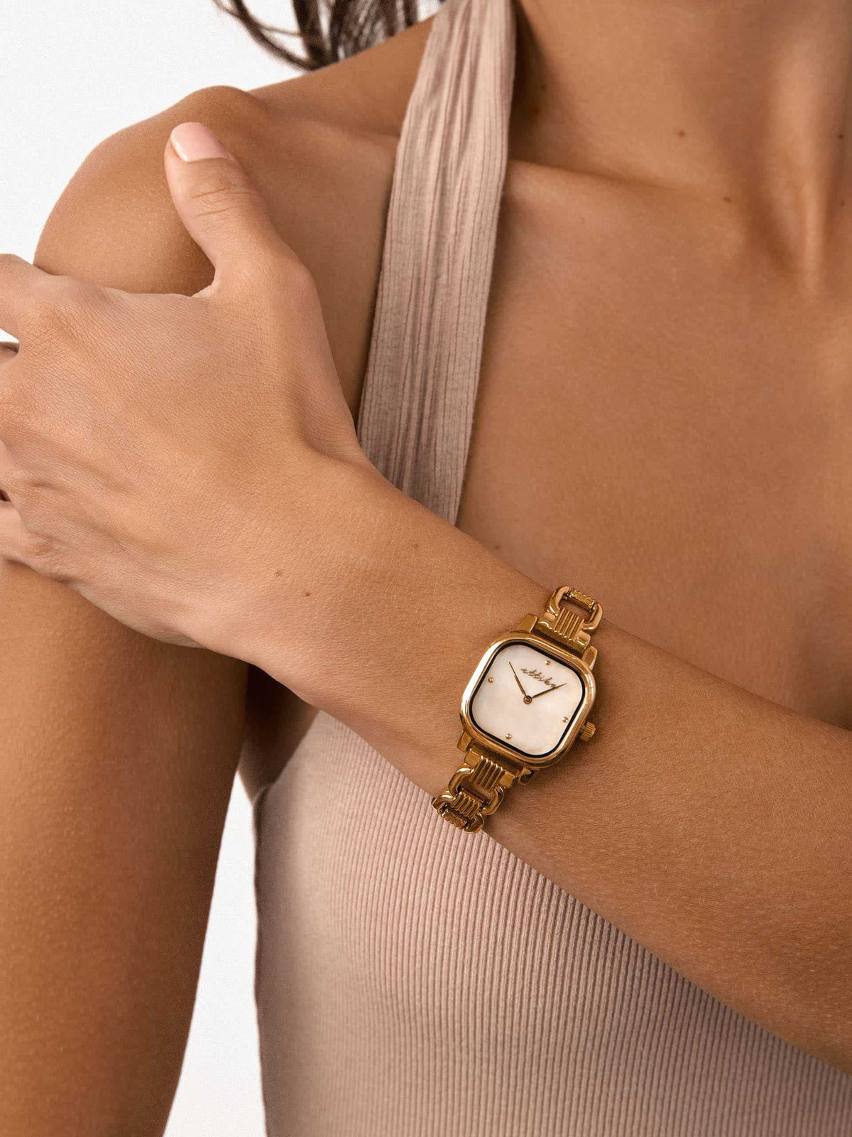 Classic Square Gold Bracelet Watch - Mother of Pearl Dial with Silver | Ettika