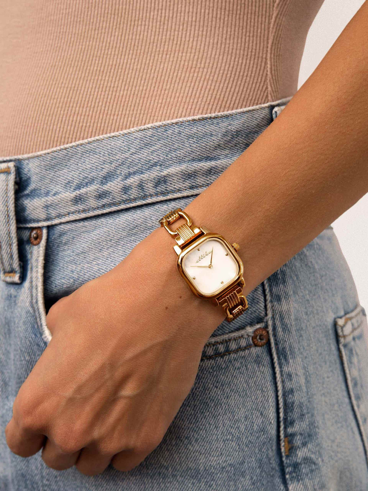 Classic Square Gold Bracelet Watch - Mother of Pearl Dial with Silver | Ettika