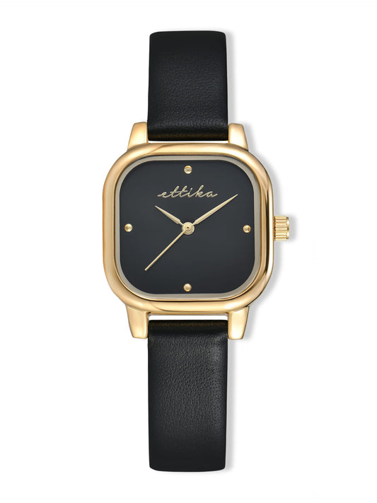 Classic Square Black Leather Watch - Black Dial with Black Leather and Gold | Ettika