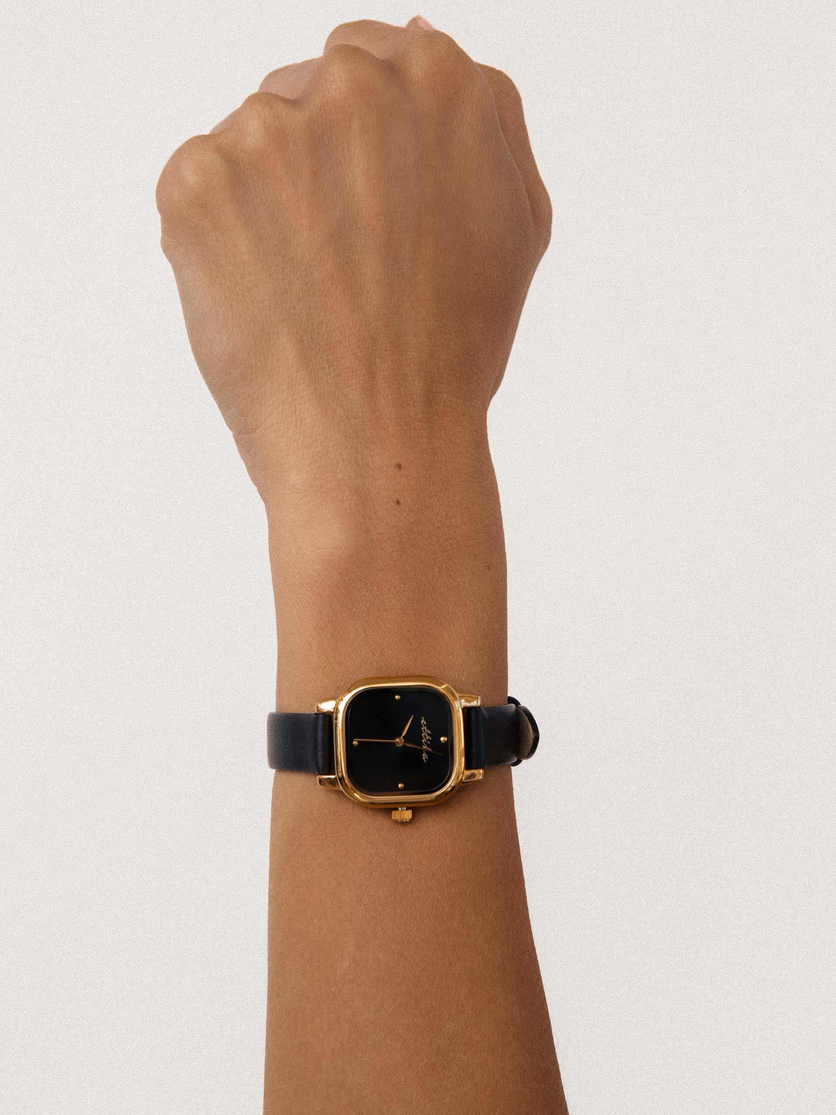 Classic Square Black Leather Watch - Black Dial with Black Leather and Gold | Ettika