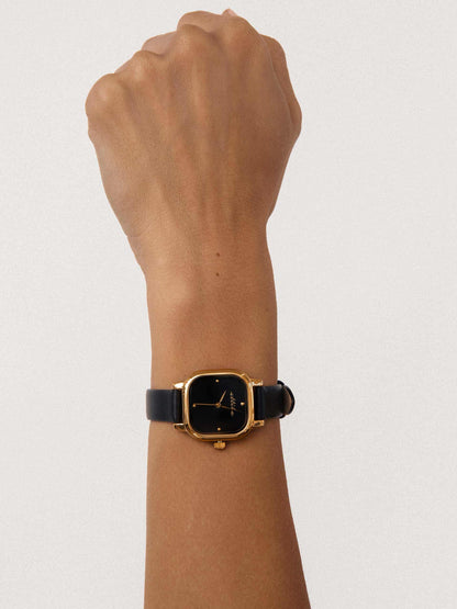 Classic Square Black Leather Watch - Black Dial with Black Leather and Gold | Ettika