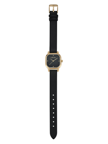 Classic Square Black Leather Watch - Black Dial with Black Leather and Gold | Ettika