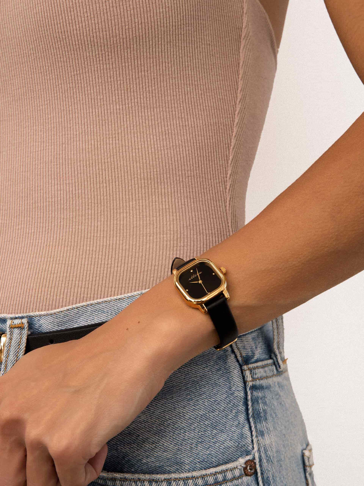 Classic Square Black Leather Watch - Black Dial with Black Leather and Gold | Ettika
