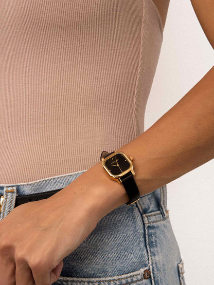Classic Square Black Leather Watch - Black Dial with Black Leather and Gold | Ettika