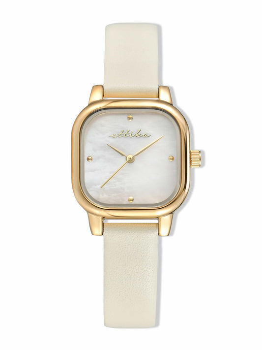 Classic Square Bone Leather Watch - Mother of Pearl Dial with Bone Leather and Gold | Ettika