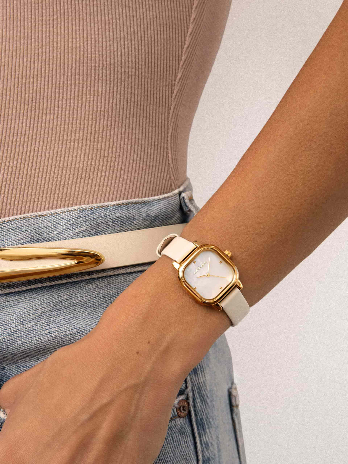 Classic Square Bone Leather Watch - Mother of Pearl Dial with Bone Leather and Gold | Ettika